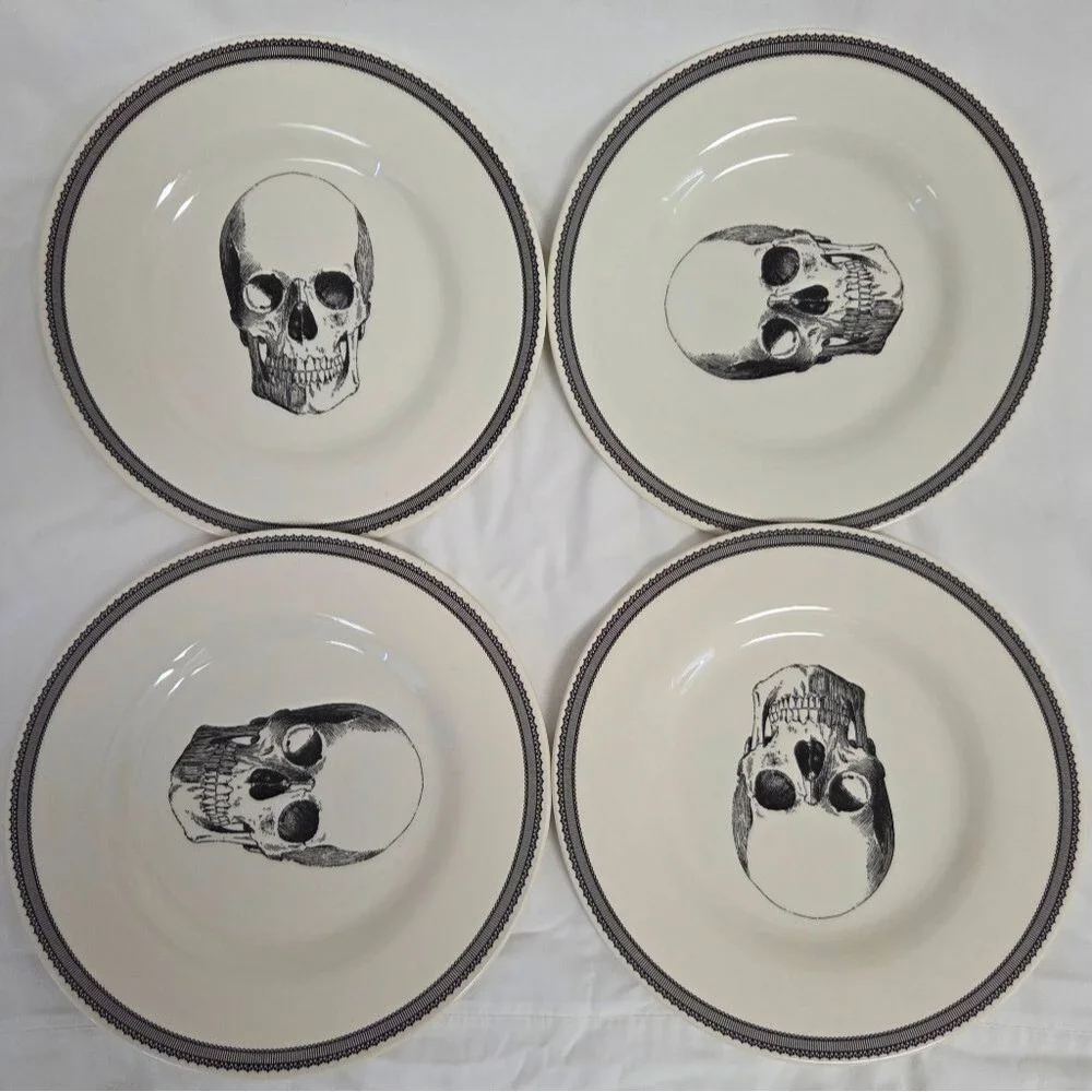 Victorian English Pottery Skull Collection Salad Plate Set (4)